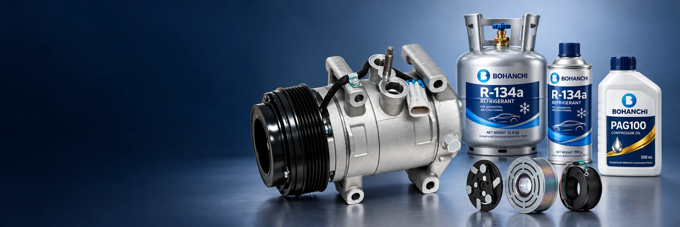 BOHANCHI automotive A/C compressor, clutch assembly, refrigerant cylinders and compressor oils